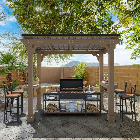 8 ft. W x 5 ft. D Wooden Grill Gazebo Outdoor with Steel Roof